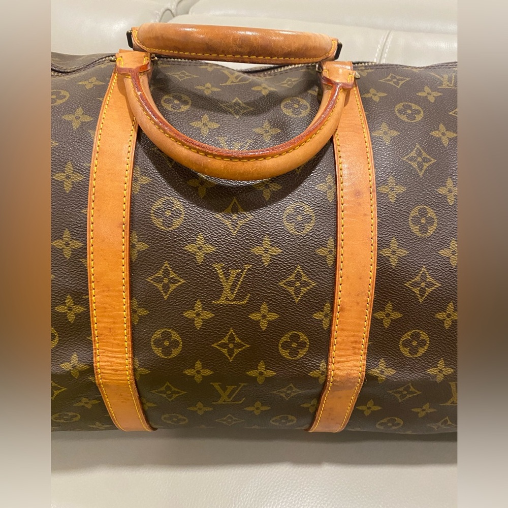 Louis Vuitton Brown Monogram Travel Duffel with Tan Leather Trim - Picture 2 of 13
